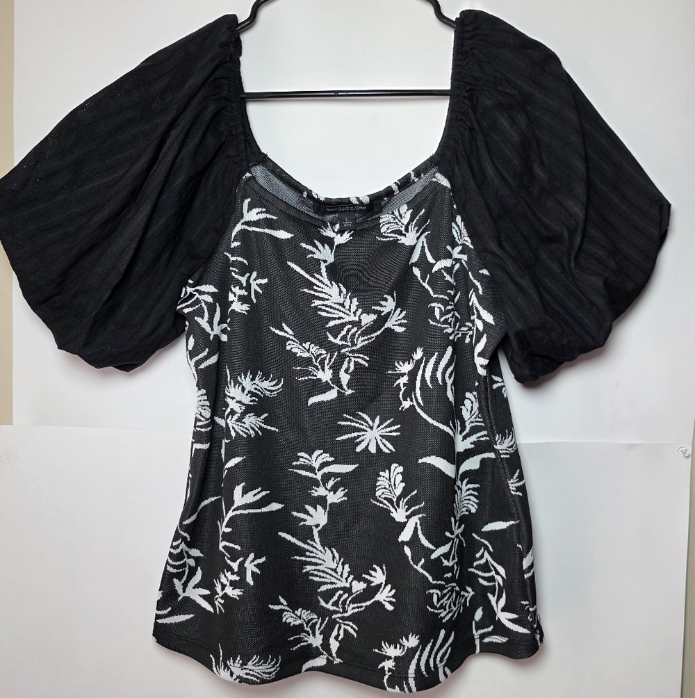 Black White Blouse Puff Sleeves Floral Top Women Size L